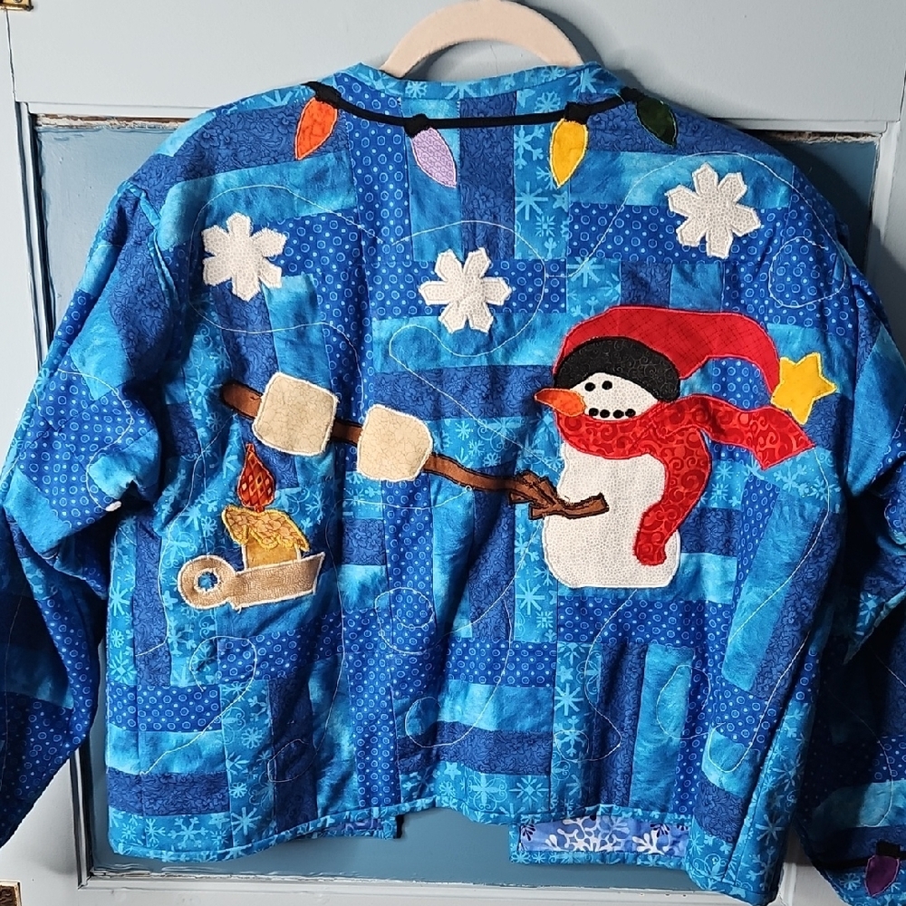 Hand Crafted Blue Women’s Patchwork Quilted Jacket with Snowman Design M/L - Picture 4 of 11